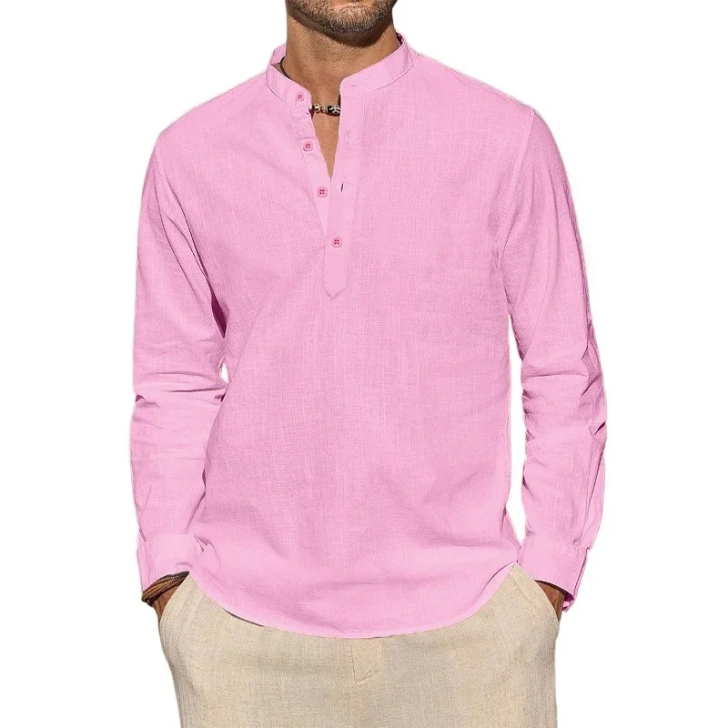 メンズ長袖Tシャツ カジュアル 軽量 通気性 ヘンリーネック 無地 トップス ハワイアン バケーション ビーチスタイル ボタンポロ