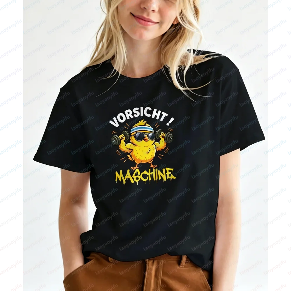 Fashion Unisex Summer Short Sleeve T-Shirt Caution Machine Funny Chick Dumbbell Fitness Graphic Tee Stylish Casual Sports Tops