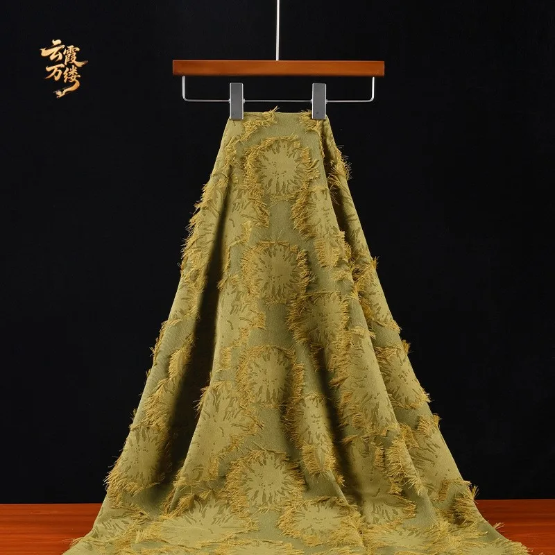 Green tassel irregular cut fabric embossed jacquard shawl dress
