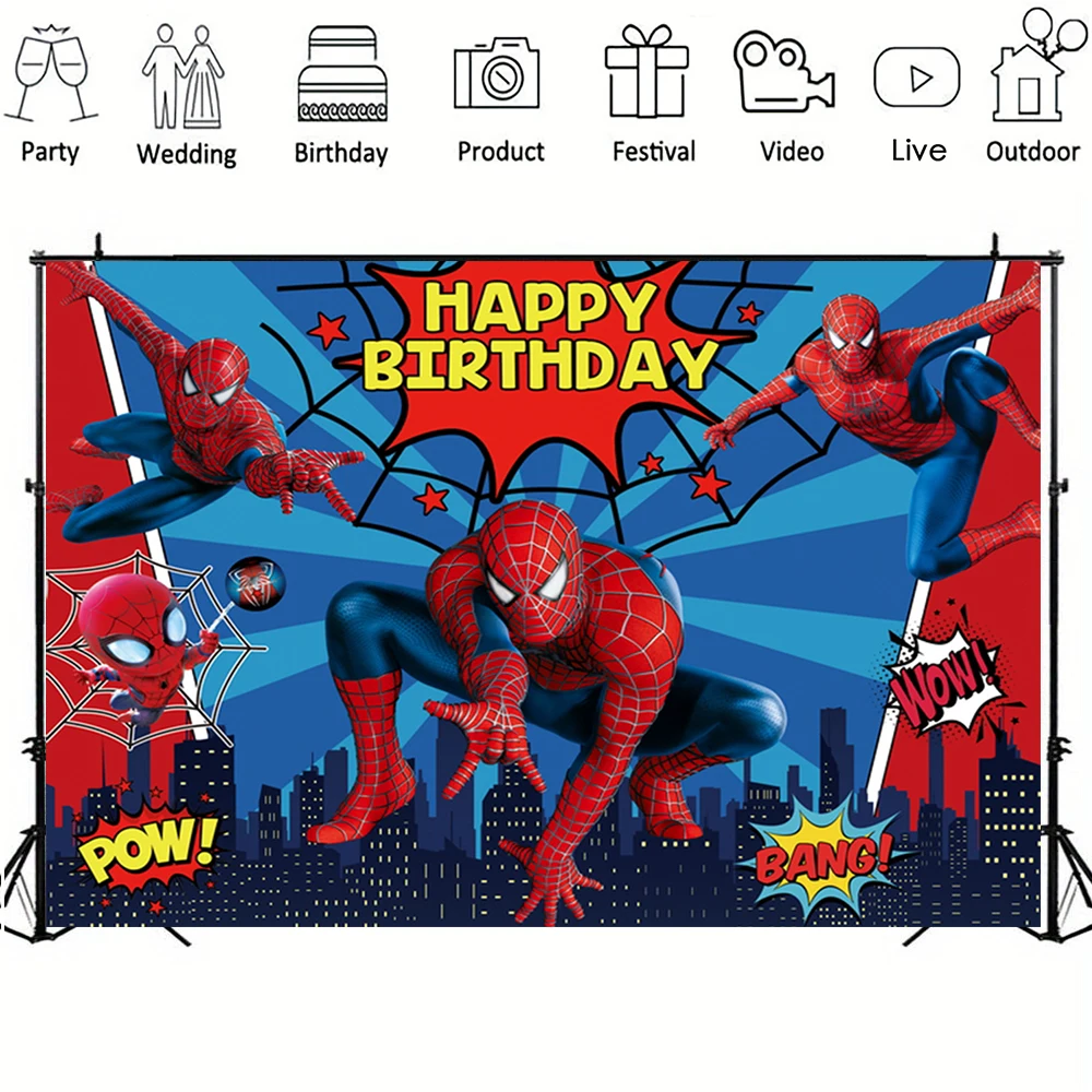 Disney Spiderman Party Backdrop Children\'s Birthday Decoration Vinyl Photography Background Baby Shower Photo Shoot Banner Props