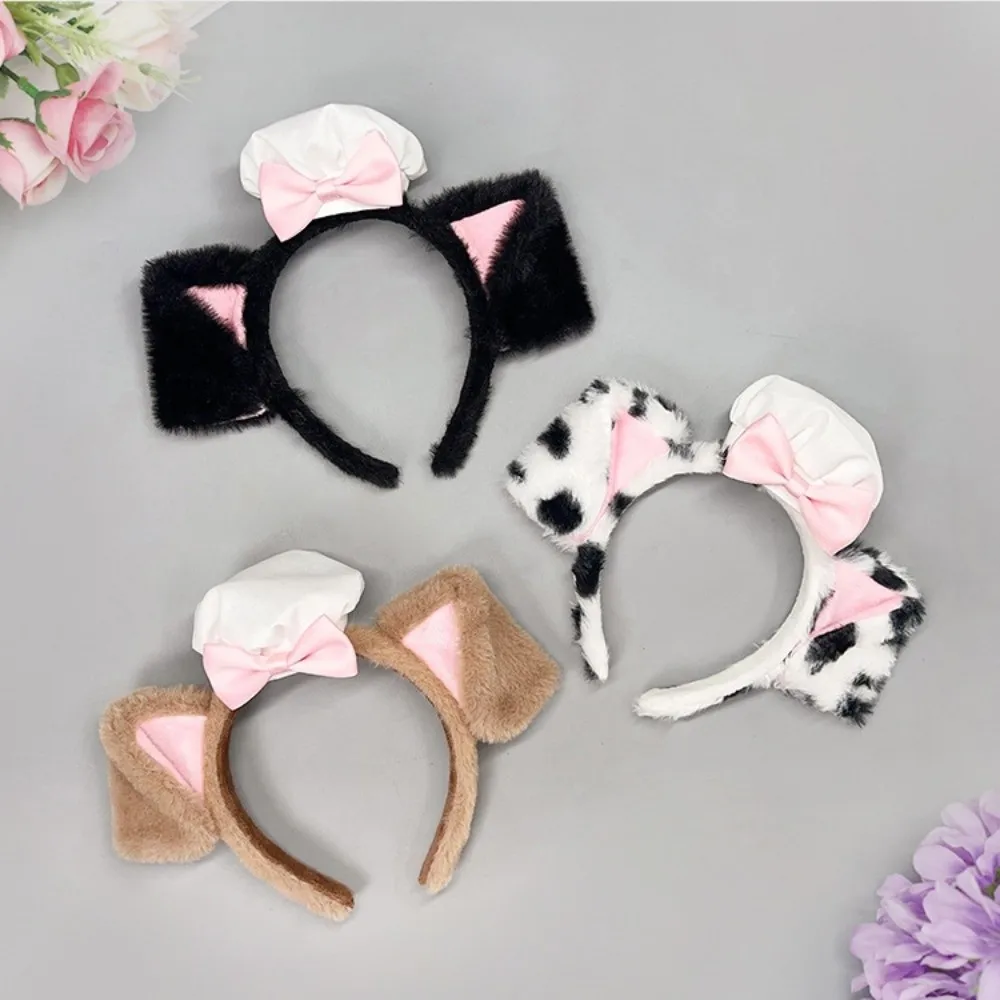 New Lolita Dog Ear Headband Fluffy Chef Cap Hair Band Lace Bow Cosplay Head Hoop Cosplay Performance