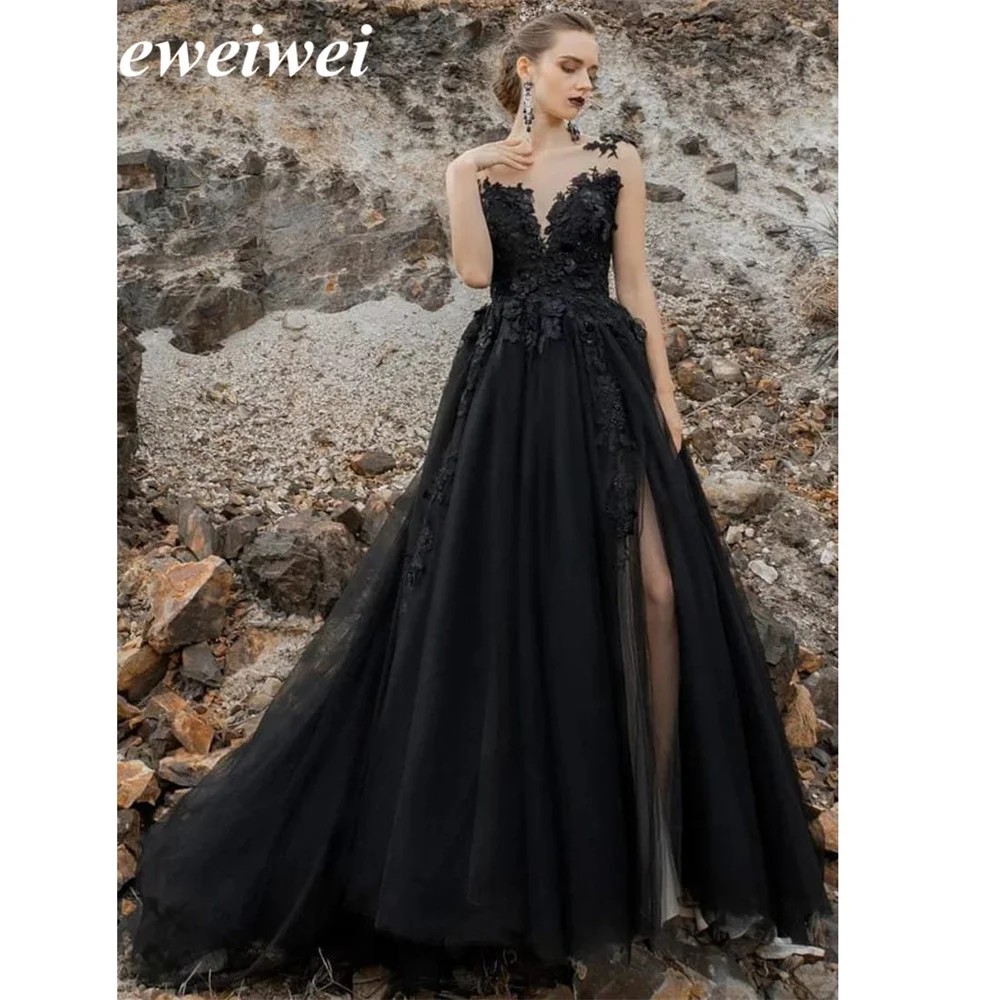 Gothic Black Prom Dresses Sexy Backless High Side Split A-line Evening Dress Lace Formal Party Gowns With Veil Robe De Soirée