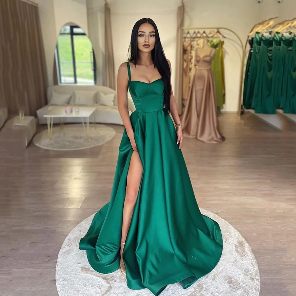

SoDigne Simple Green Satin Prom Dresses A Line Side Split Long Party Dress Women Spaghetti strap Formal Evening Gowns