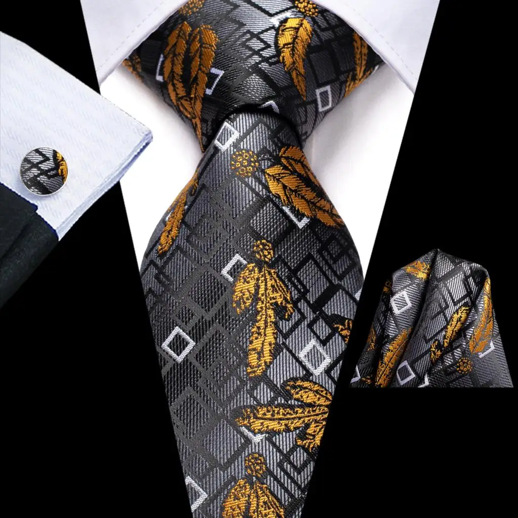 

Novelty Black Gold Silk Wedding Tie For Men Handky Cufflink Gift Men Necktie Fashion Business Party Dropship Hi-Tie Designer