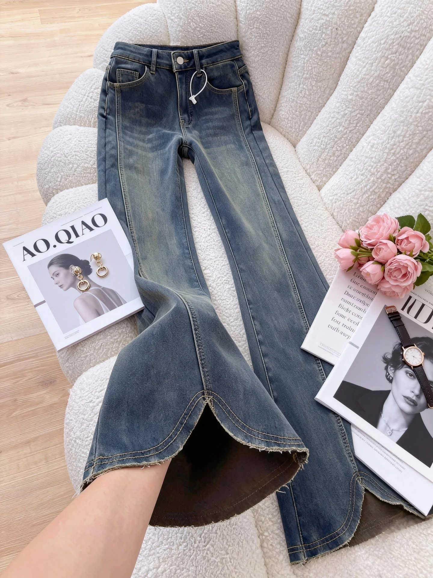 

Расклешенные джинсы на подкладке Fce. Женские джинсовые брюки Bootcut. Широкие повседневные брюки с высокой талией для больших размеров.