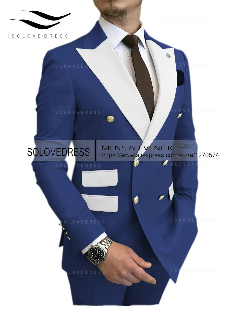 

SOLOVEDRESS New Men's Suit Royal Blue Slim Double-breasted White Lapel Fashion Groom Best Man Wedding Party (Blazer + Pants)