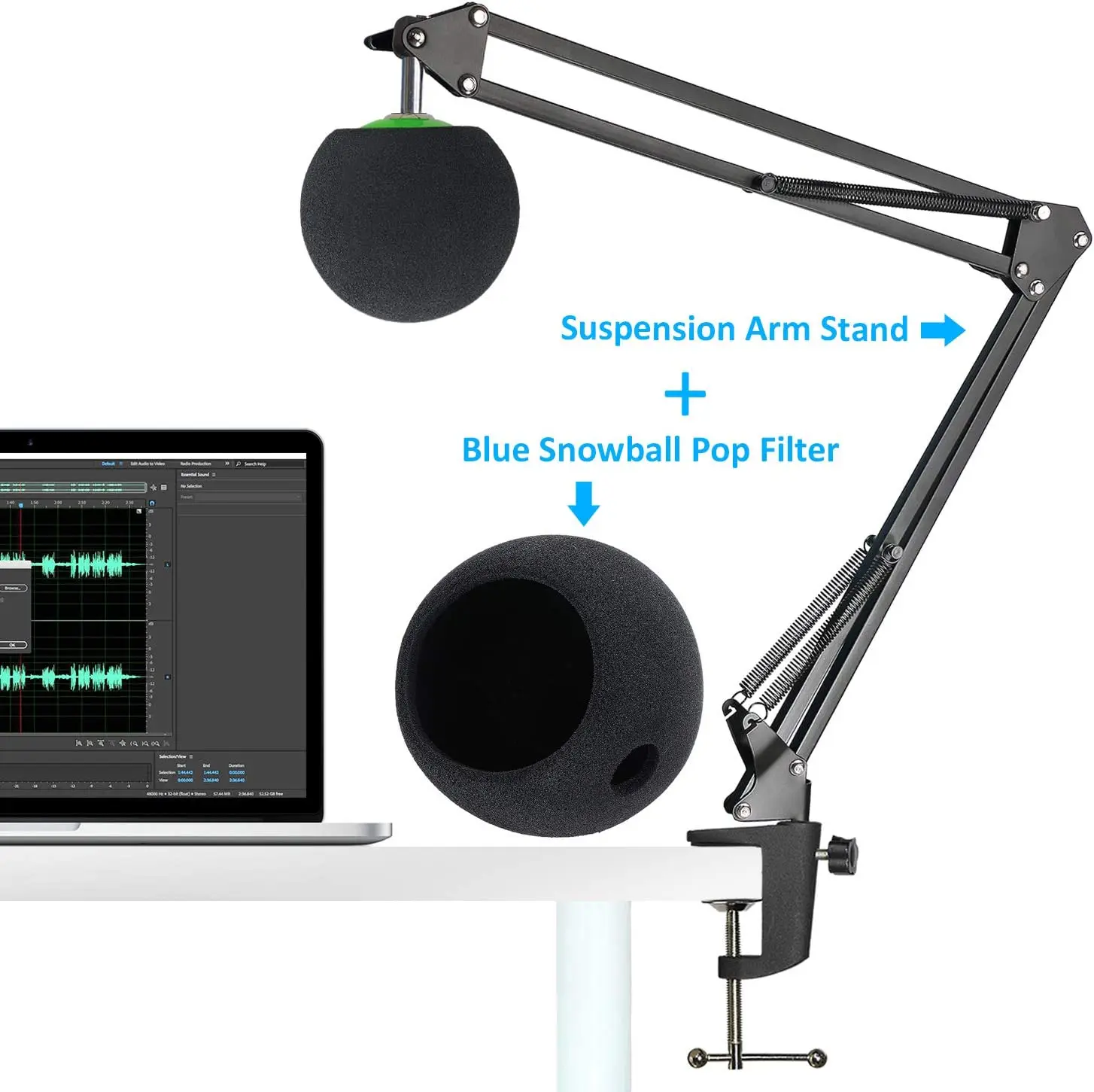 Mic Stand with Foam Windscreen For Blue Snowball, Suspension Boom Scissor Arm Stand with Pop Filter Cover for Microphones iCE US