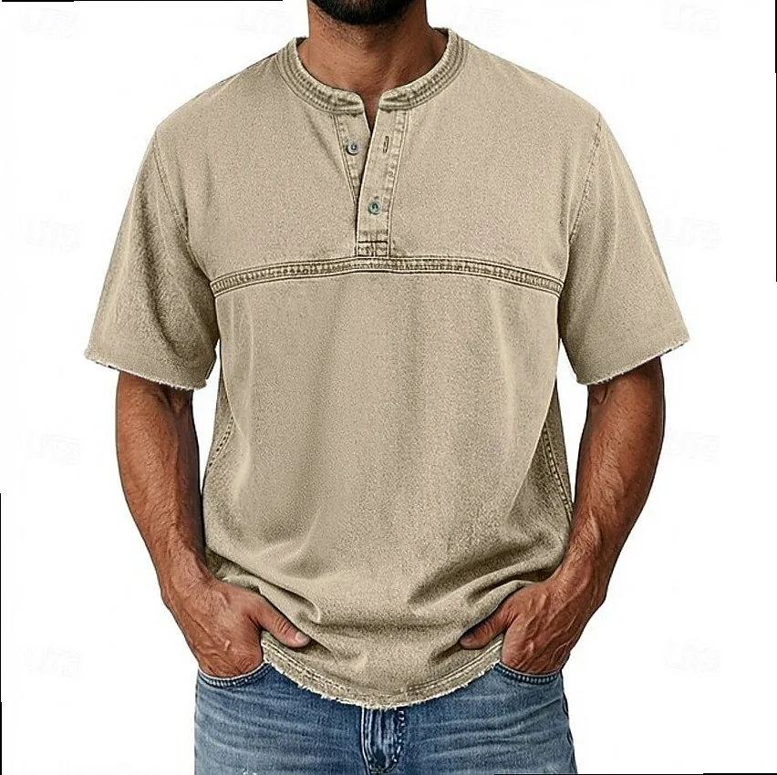 Men's Vintage Washed Cotton Henley Shirt Short Sleeve Tee Top Casual Retro Henleys T-Shirt Spring Summer