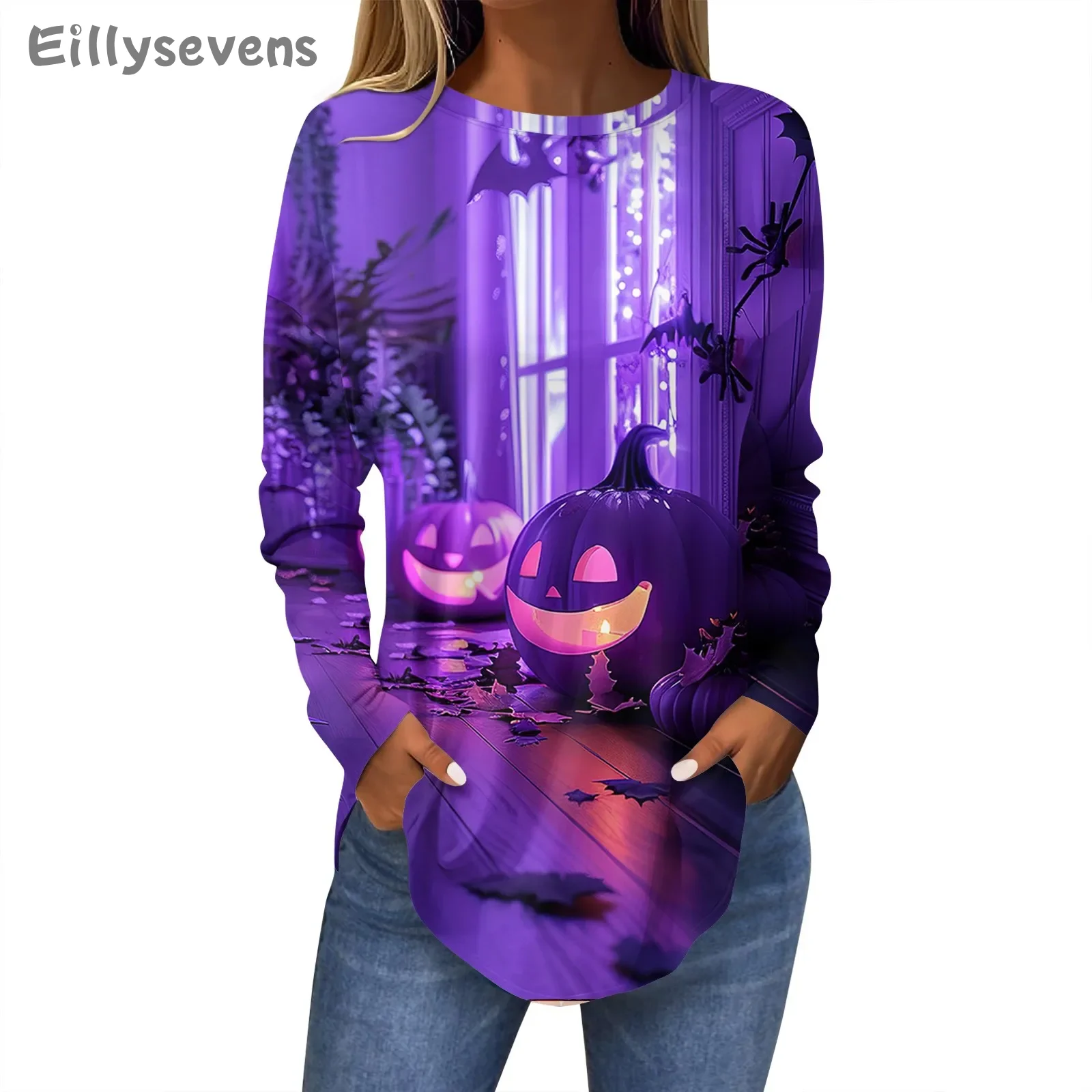 Women's Halloween TopLoose Round Neck Print Long Sleeve T-Shirt  Halloween Large Party Base Shirts fashion Pullover