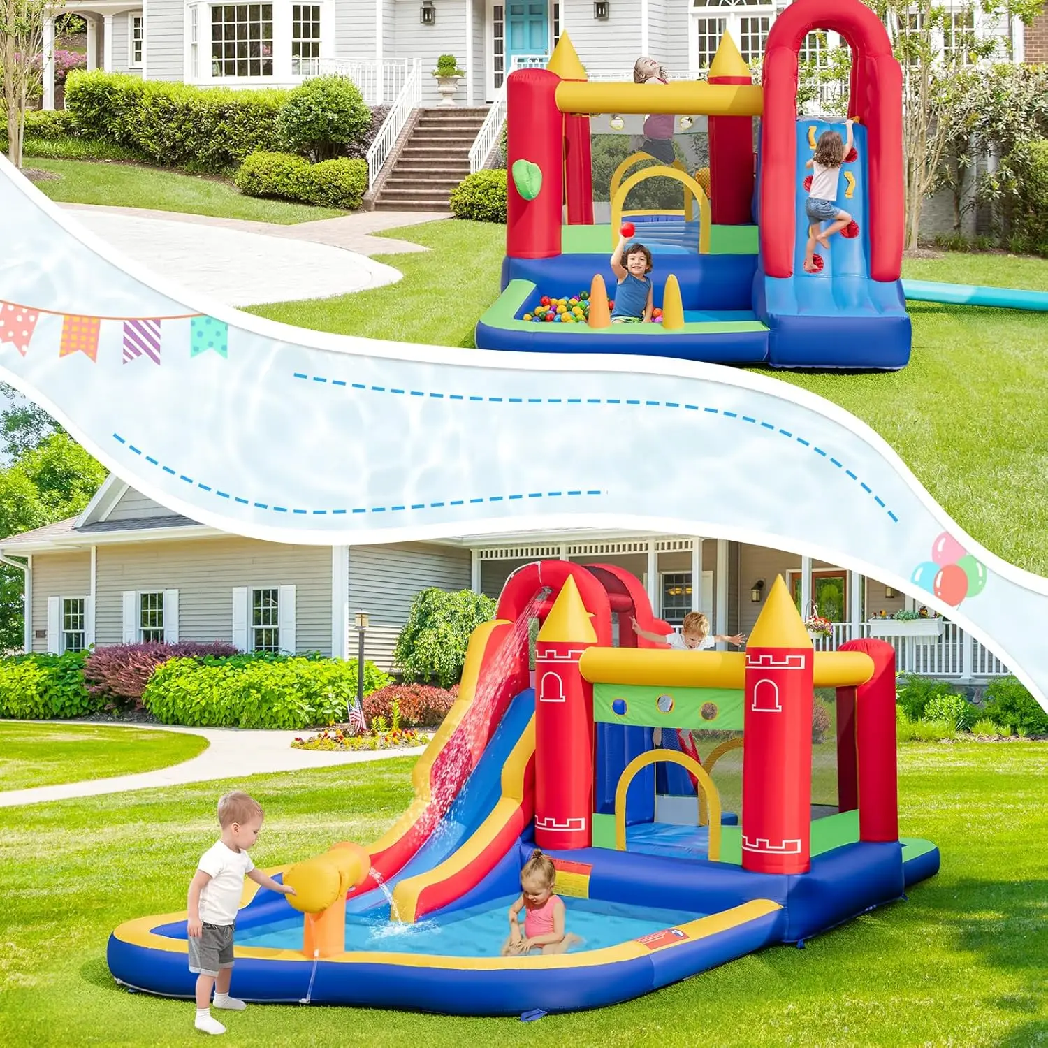 Nadmuchiwana zjeżdżalnia wodna z dmuchawą 750w, 9 w 1 Park wodny z Bounce House z basenem, basen z piłkami z 50 piłkami