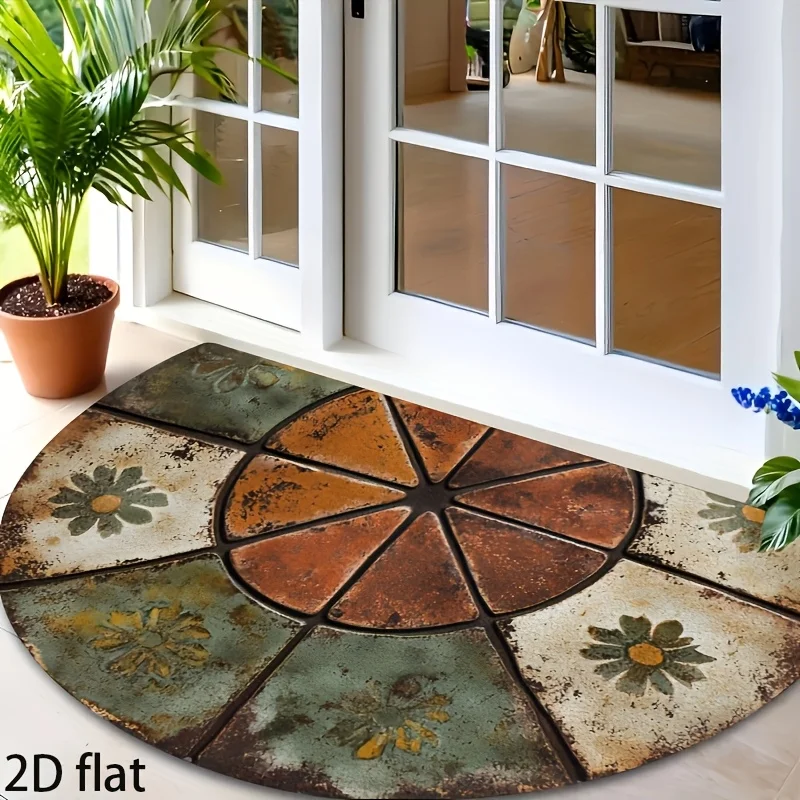 VIKAMA Retro Floral Brick Semicircle Doormat Non Slip Front Door Mat Indoor Outdoor Foyer Decor