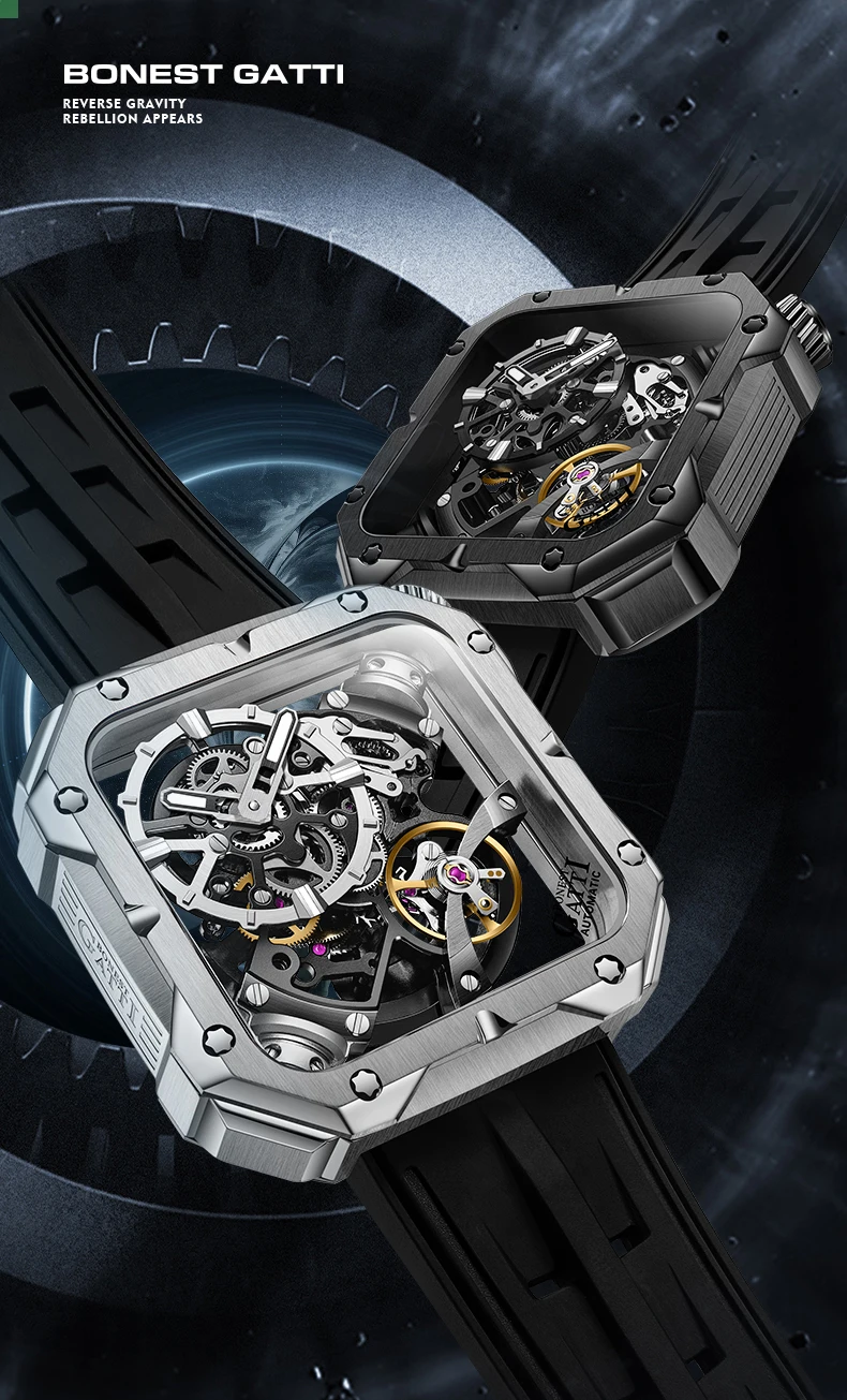 Bonest gatti masculino relógio automático de luxo quadrado relógio de pulso mecânico à prova dwaterproof água safira luminosa pulseira de borracha fluorada