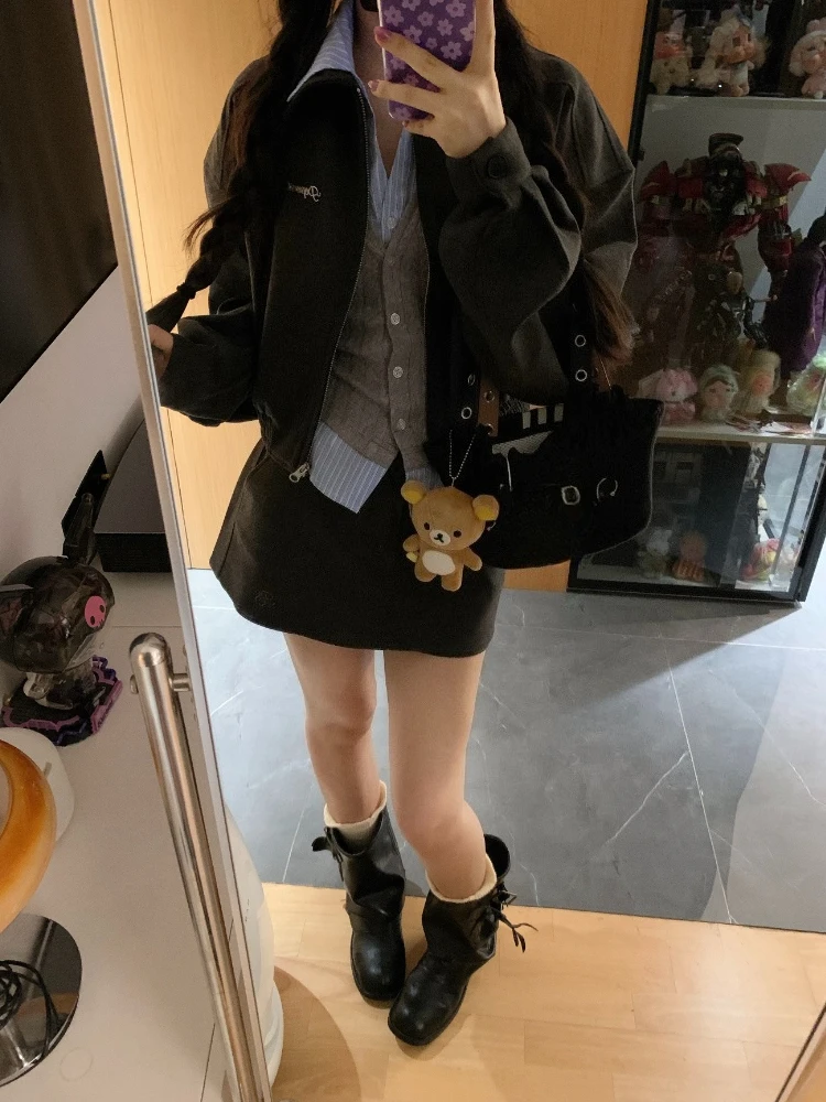 Preppy Style 3 Piece Set Women Cropped Jacket Striped Shirt Knit Vest High Waist Bodycon Mini Skirt Female Korea Fashion Outfits