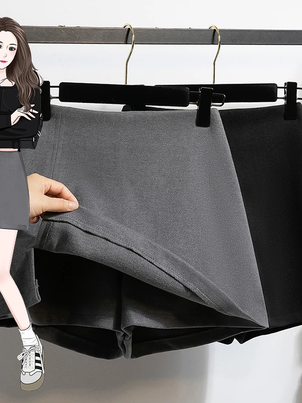 plus Size Woolen  Shorts Women's Autumn Winter Slimming Side Zipper Fake Two-Piece Short Skirt A-Line Outerwear Boot Pants