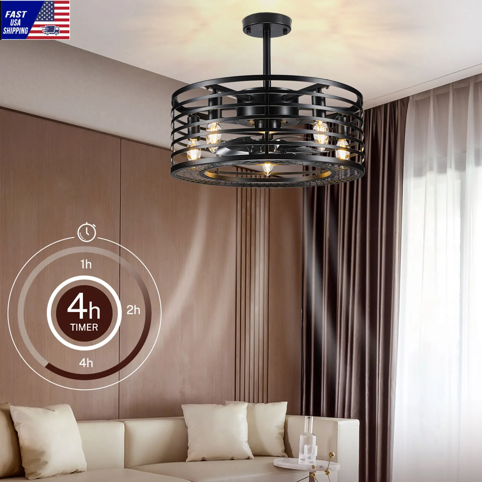 

18" Caged Ceiling Fan with Light and Remote Control, Industrial Matte Black Ceiling Fans Indoor and Outdoor Smart Flush Mount