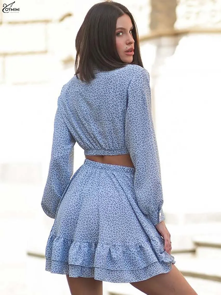 Oymimi Casual Grijs Blauw Print Jurken Voor Dames Mode Lange Mouw Buton Hollow Out Jurk Herfst Hoge Taille Geplooide Mini-jurk