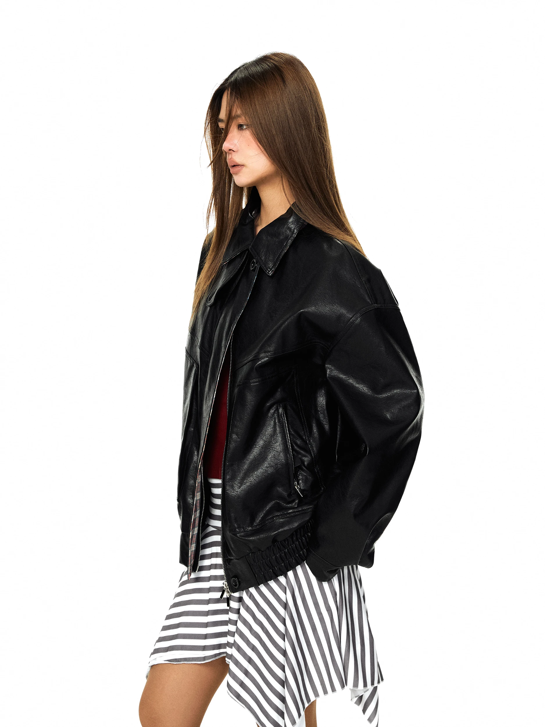 Blabb Veste en PU texturée à empiècements écossais pour femme, coupe ample et décontractée, style vintage, pour le début du printemps