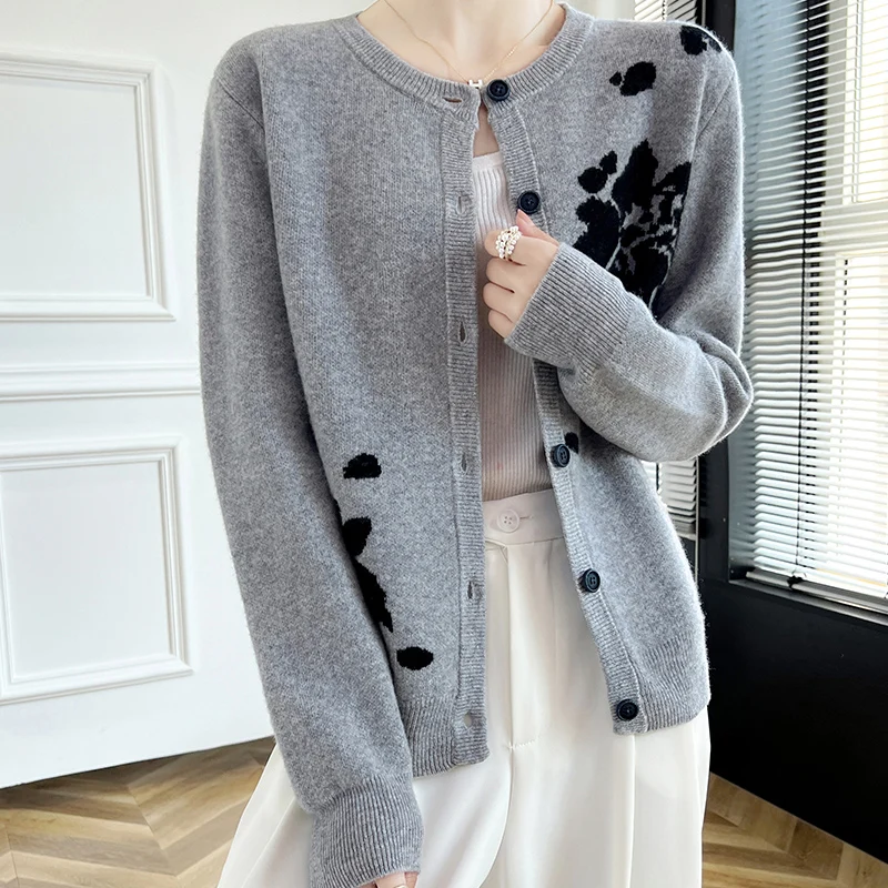 100% merino wool cardigan New cashmere sweater women\'s round neck cardigan in autumn and winter warm soft knit bottoming top