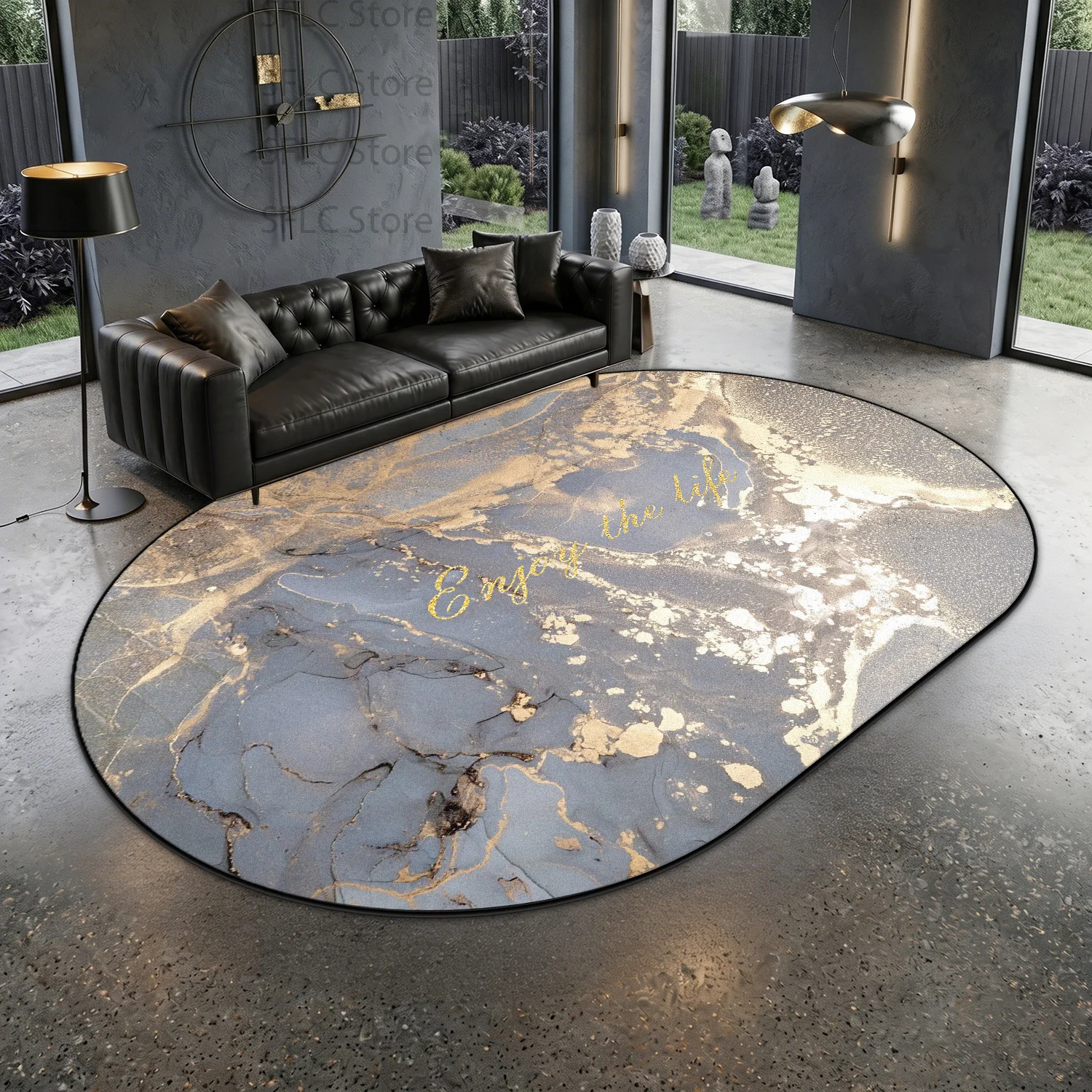 Modern Marble Gold Streak Oval Living Room Carpet Decoration Home Washable Fluffy Rug Non-slip Short Velvet Large Area Floor Mat