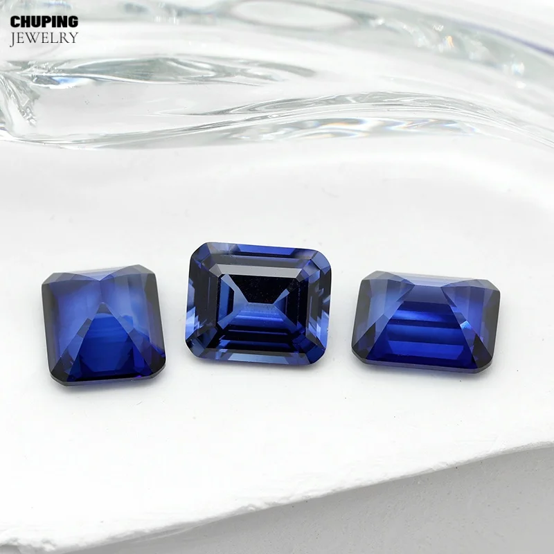 Premium Emerald Cut Lab Grown Cornflower Sapphire Flame Melted With AGL Certificate Loose Synthetic Sapphire For Jewelry Making