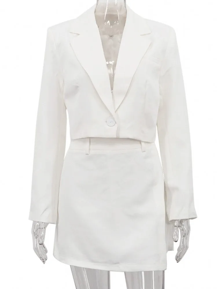 

Женские комплекты из двух предметов, сексуальный блейзер с зубчатым воротником и длинными рукавами, топ и элегантная мини-юбка, уличная одежда, повседневный костюм 2025