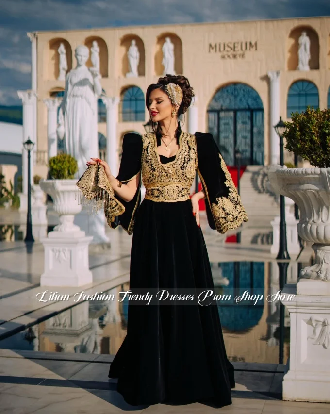 Customized Black Velvet Algerian Wedding Dress Traditional Middle Eastern Bridal Gown Arab Bridal Gown Muslim Evening Gown 2026