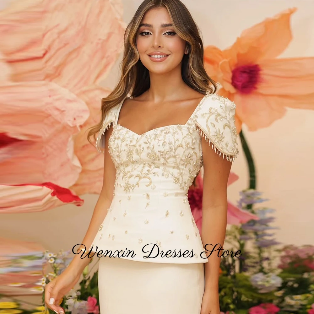 Romantic Ivory Jersey Evening Dress Customized Square Collar Short Sleeves Prom Dress Modern Court Train Special Occasion Gowns image 6