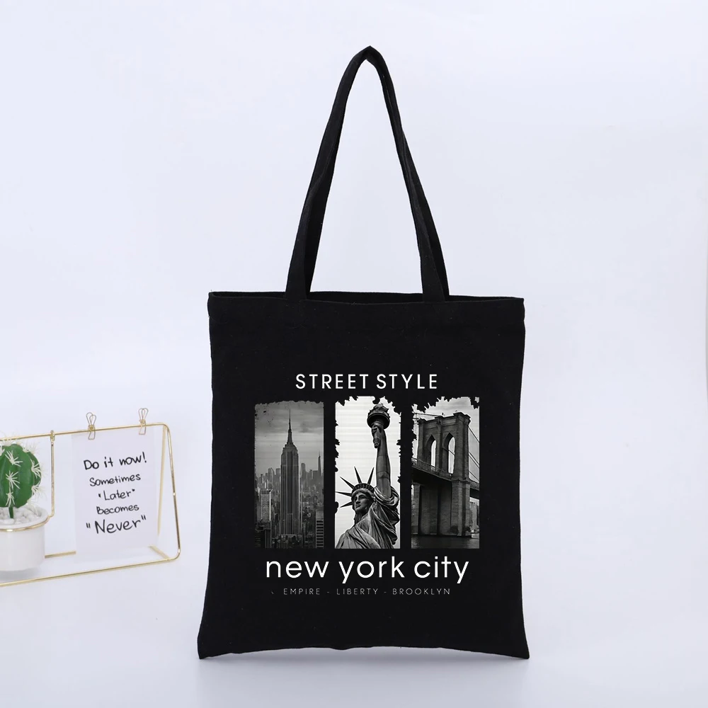 Men's City Landmark Graphic Canvas Tote Bag, Urban Street Style for Daily Shopping