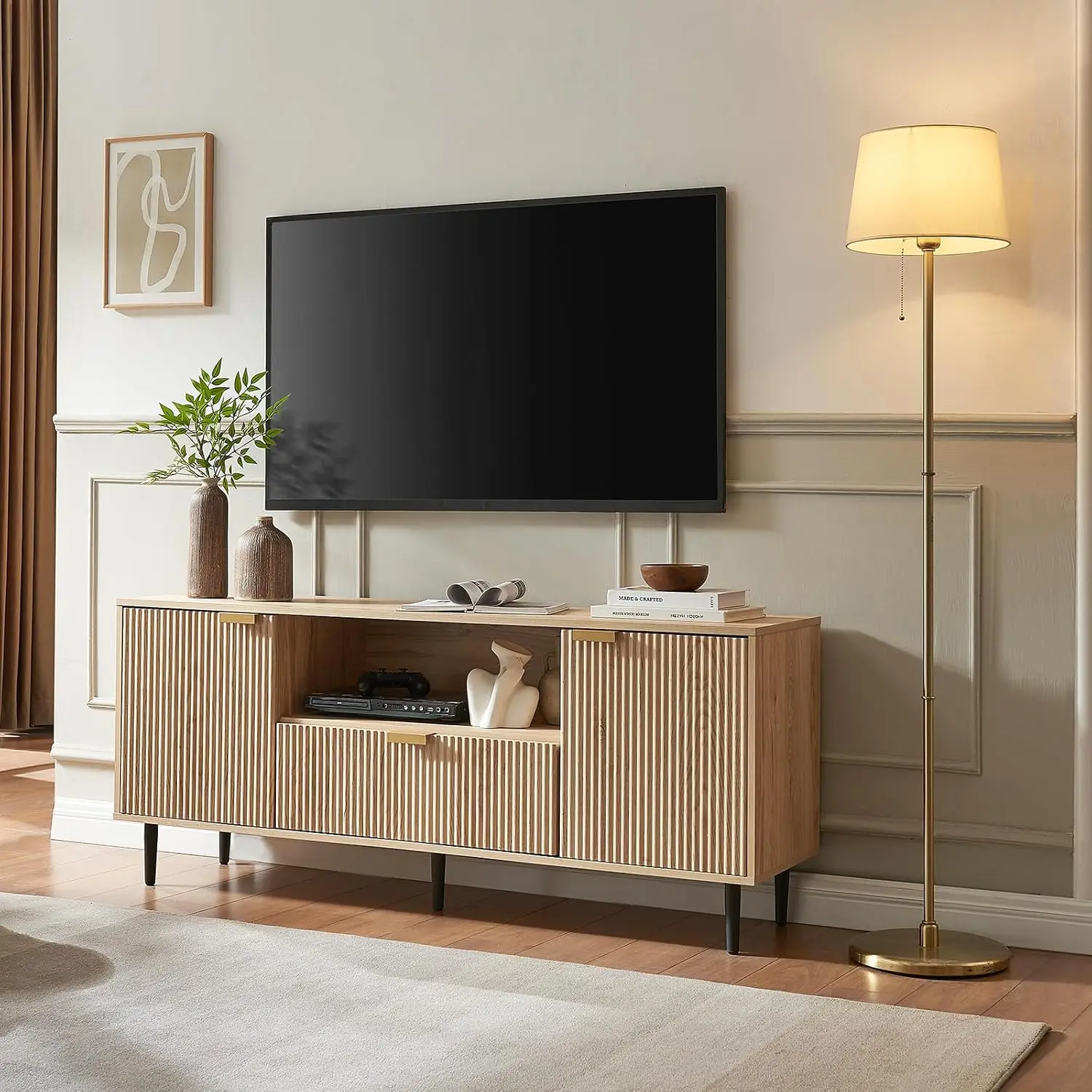 Modern Fluted TV Stand with Drawer for 65 Inch TV, Storage Cabinet & Cable Management, Living Room, Customized