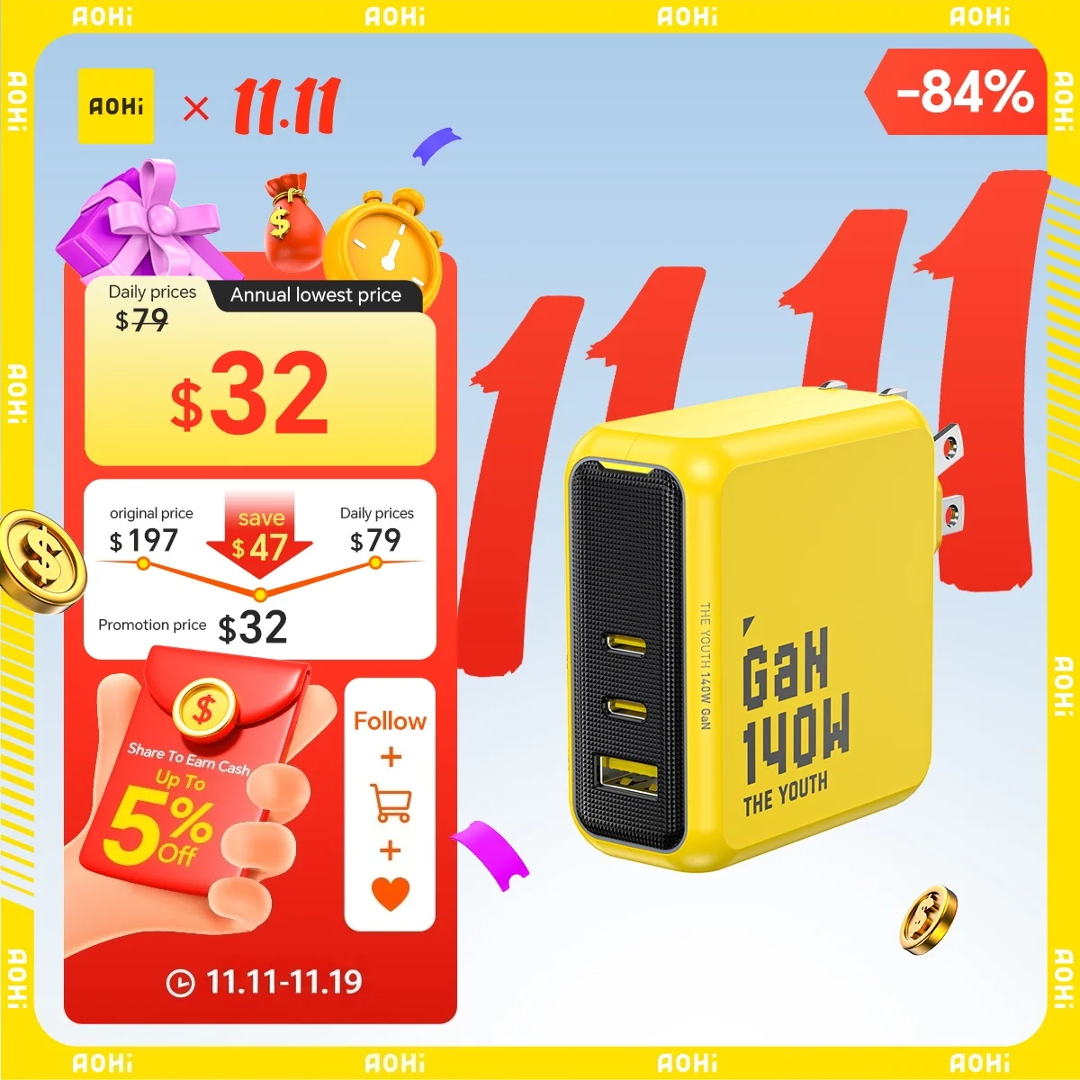 AOHI Youth 140W GaN Charger PD3.1 3-Port Type C Quick Charge For Macbook Pro Laptop USB Fast Charger For iPhone 16 Xiaomi Tablet