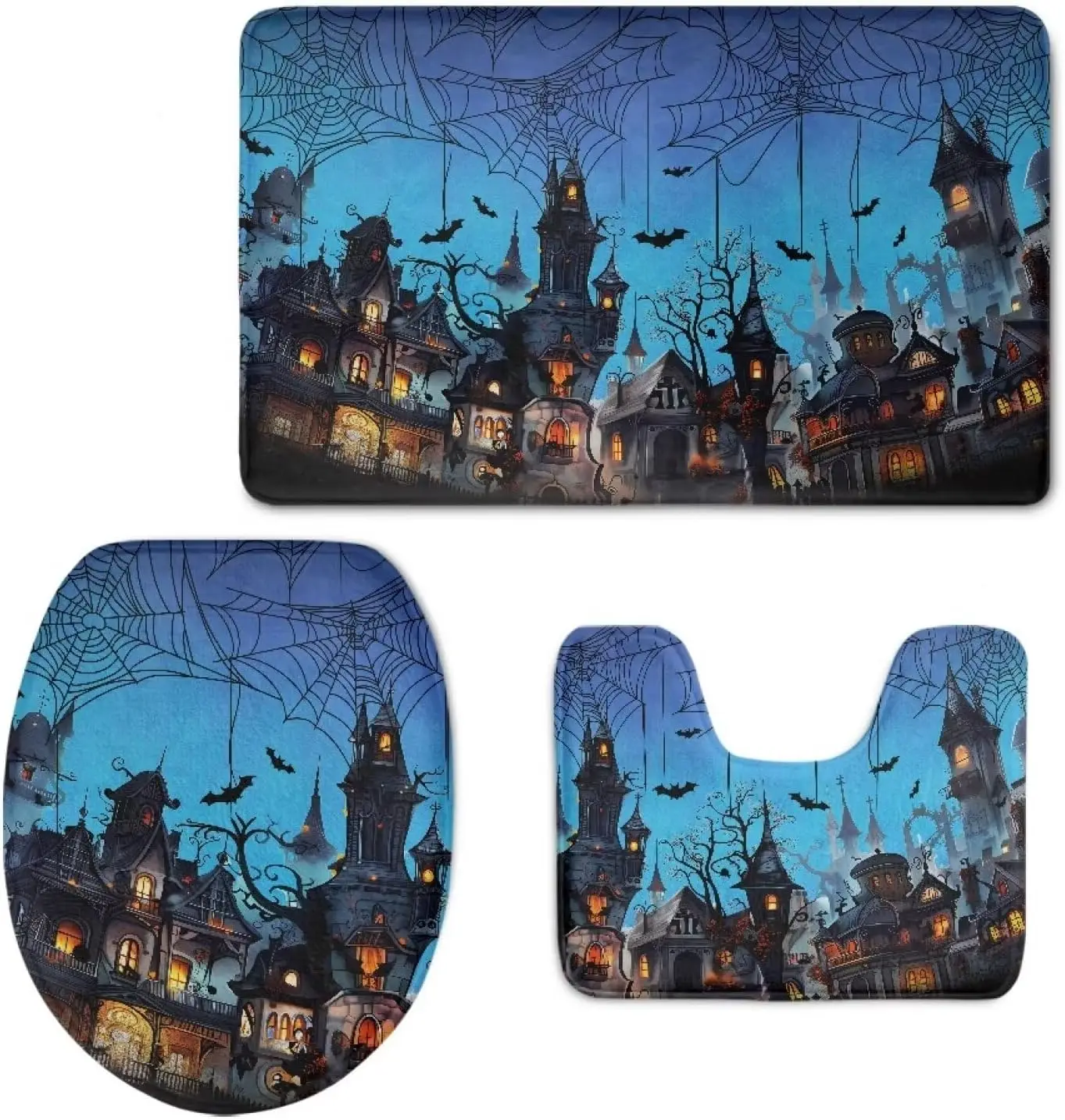 3PCS Haunted Castle Bath Set, Glowing Window Bat Print, Non-Slip Soft U-Shape Toilet Rug Gothic Blue Black Spooky Decor