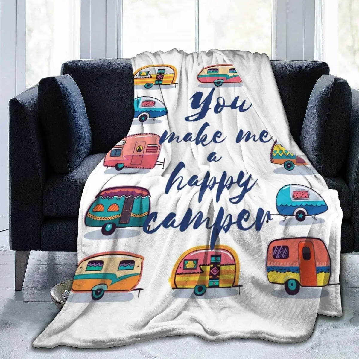 

You Make Me Happy Camper Pattern Flannel Kids Blanket Adult Anti-Pilling Comfort Blanket Light Bed Sofa Office Blanket