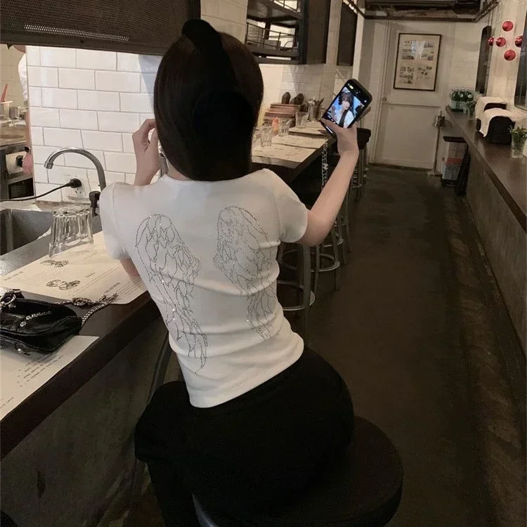 Koreaanse Engelenvleugels T-shirts Vrouwen Print Diamond White Crop Y2K Tops Zomer Harajuku Streetwear Korte Mouw Slanke Tees Kawaii