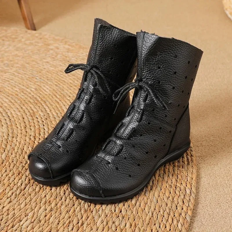 

New Retro Women's Shoes Luxury Genuine Leather Hollow Out Summer Boots for Woman Nobility Ankle Boots Designer Shoes Botas Mujer