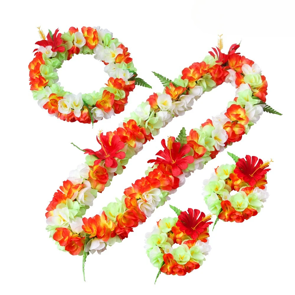 Conjunto de 4 peças Luau Flower Leis – Colares e tiara de flores de seda artificial – Lembrancinhas para festas na praia tropical e adereços para cabine de fotos