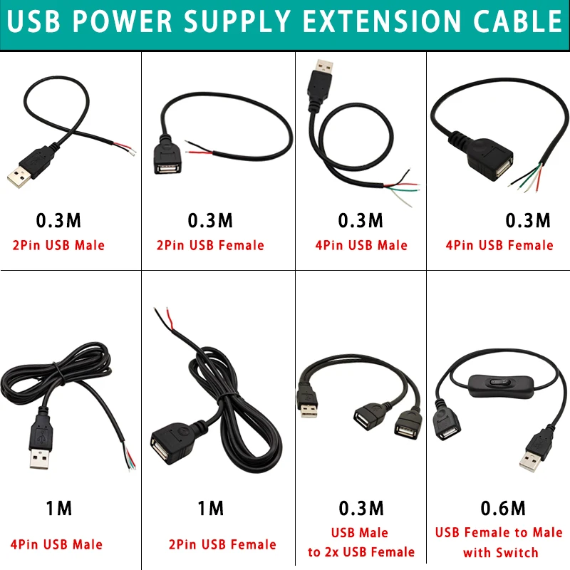 

2Pcs 0.3/1m USB Power Supply Extension Cable Connector USB2.0 2/4Pin Male Plug Female Wire Jack Charger Converter Extension Cord