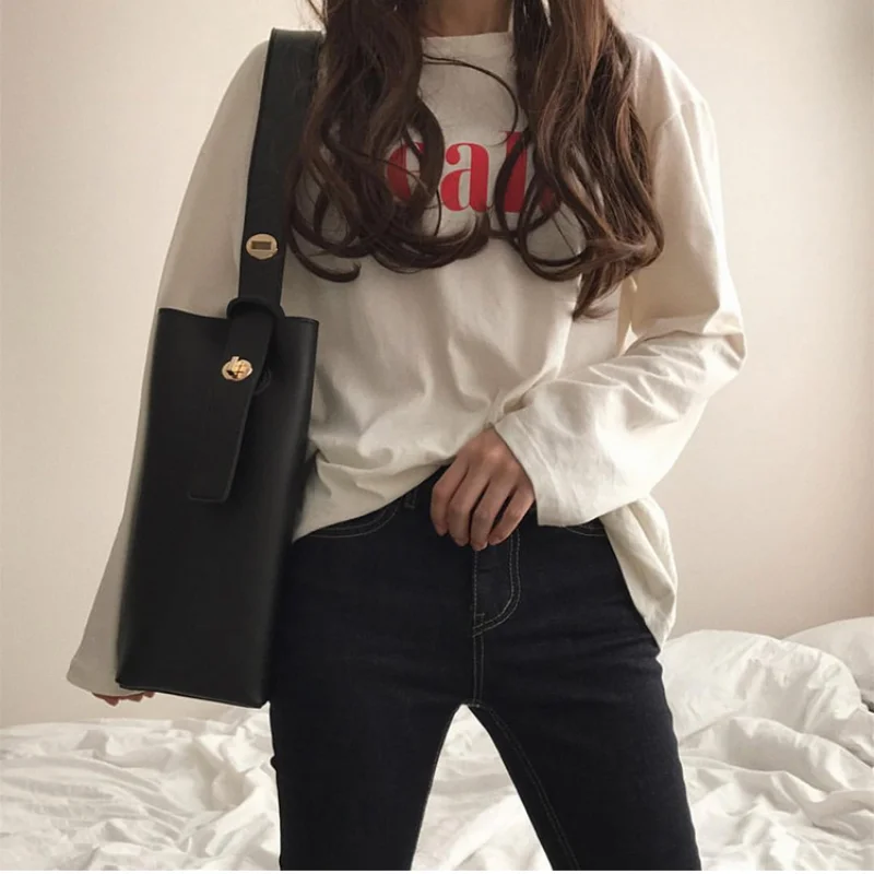 2024 Fall Winter Women Shoulder Bags Casual Soft Leather Bucket Bags Simple Large Capacity Tote Bags Vintage Wide Strap Handbags