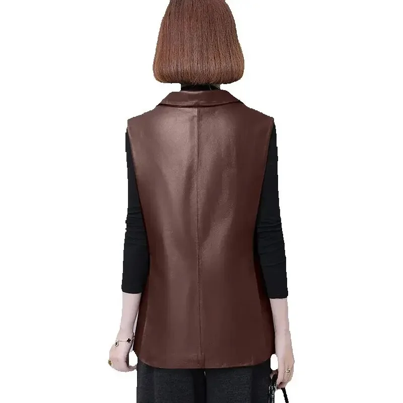 النساء سترات جلدية ضئيلة عادية بولي Leather سترة جلدية الإناث ملابس خارجية 2025New موضة أكمام صدرية سترة سوداء معطف المرأة