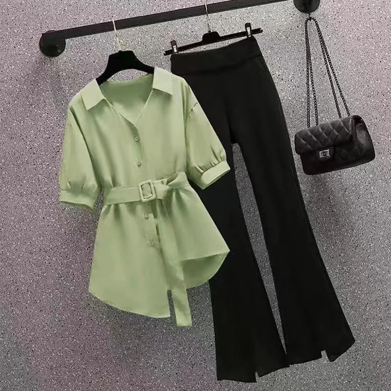 

2022 New Women's Large Spring Irregular Solid Color Shirt Lantern Sleeve Belt Casual Shirt Suit Pants Two-piece Mini Shirt Skirt