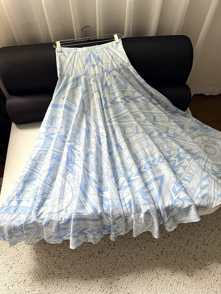 Spring Summer Fashion Geometric Printing Elegant Big Swing Long Skirt Women's Party High Waist Slim A-Line Skirt