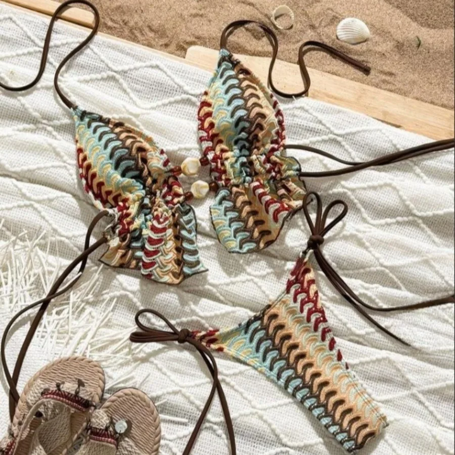 مزدوج التفاف التعادل مجموعة البكيني النساء البوهيمي الخامس الرقبة خمر أنيقة Tankini قطعتين ملابس الشاطئ التستر ملابس السباحة مثير بيكيني