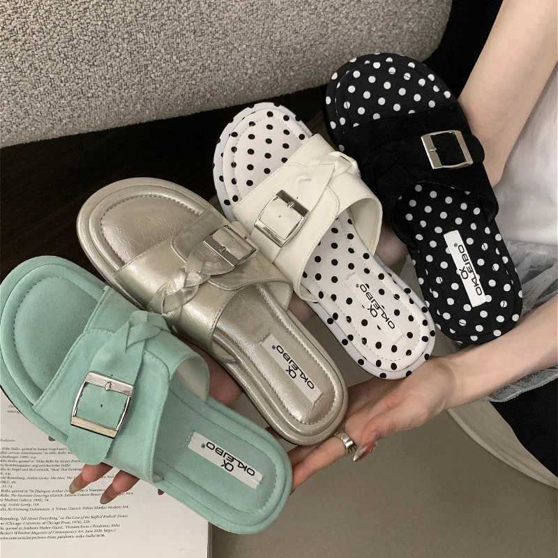 

Belt Buckle Design Brand Slippers Women Summer New Slides Female Polka Dot Comfort Open Toe Non-slip Casual Ladies Beach Sandals