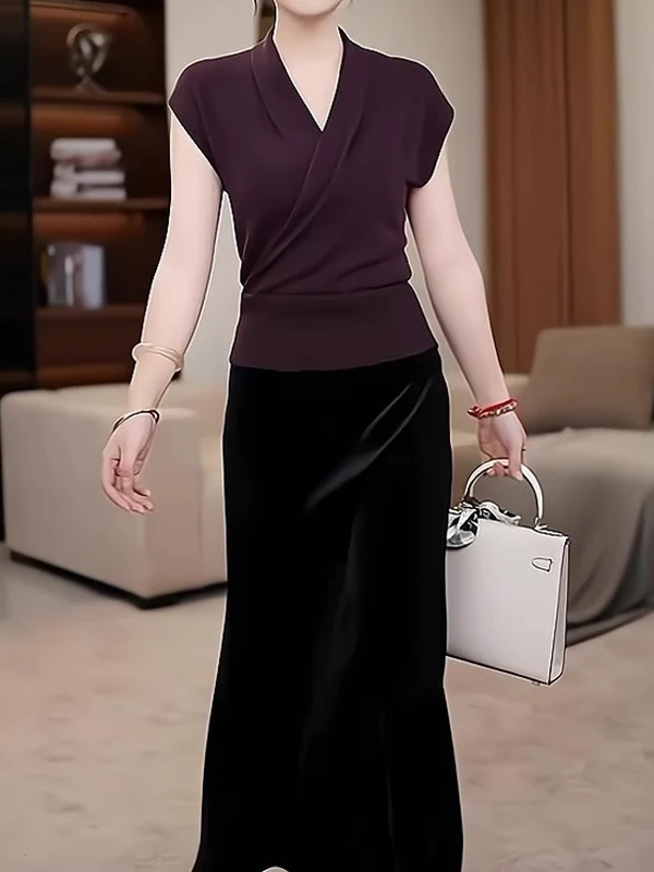 

Ele Cross Design V-Ne ort Sve Knitwear Slimming Summer Top for plus Size Women Sli Commute Korean Sle