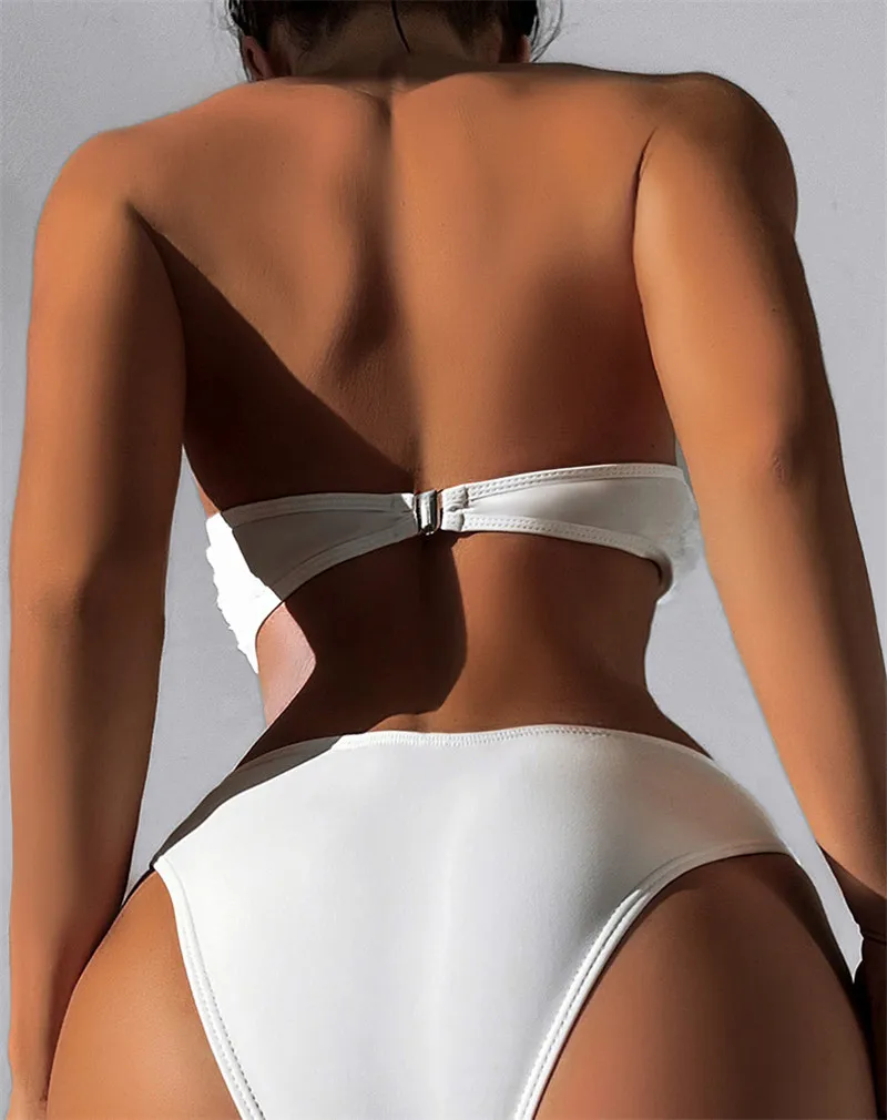 Sexy 3D Flower White Bandeau Bikini High Waist Swimwear 2024 Women Push Up Swimsuits Bathing Suit Two Piece Bikinis Set Mujer