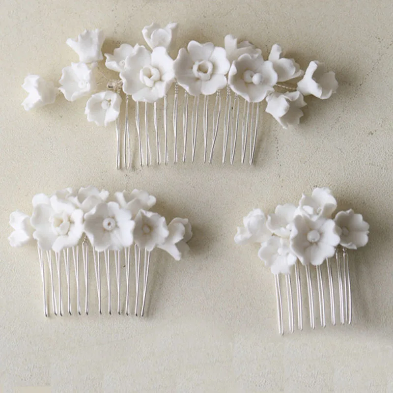 Ins Ceramic Floral Bridal Combs Hair Pins Gold Silver Color Wedding Hairpiece Women Prom Accessories