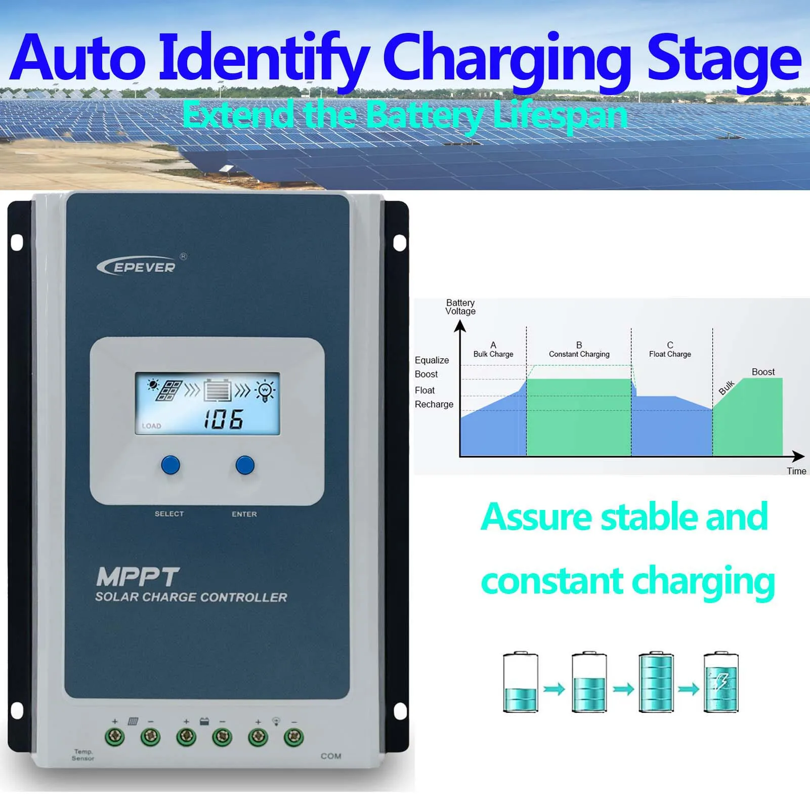 EPEVER 10A 20A MPPT Solar Charge Controller 12V 24V Auto Identify