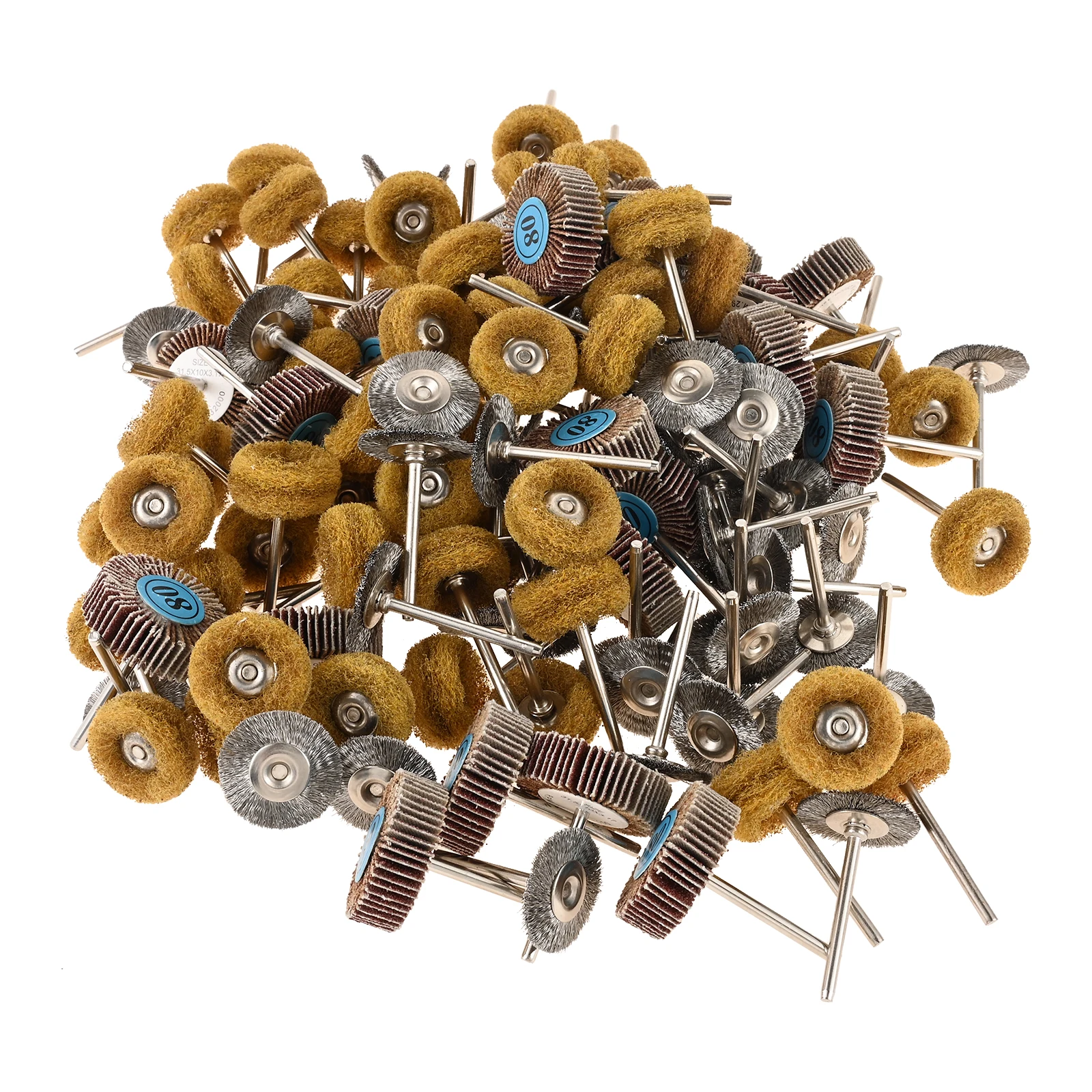 

120pcs/kit 80 Grit Abrasive Flap Wheel +120 Grit Buffing Polishing Wheel +25mm Wire Brushes Set for Rotary Tool 1/8" Round Shank