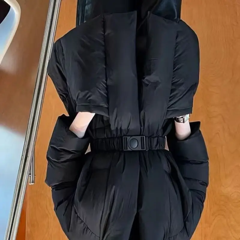 Preto para baixo roupas de algodão feminino med e longo inverno nova versão coreana rendas cintura jaqueta grossa para manter quente com decote em v parkas