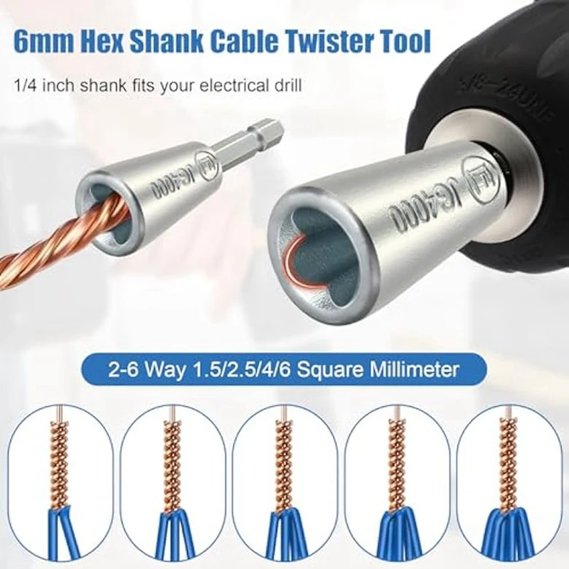 6 Piece 3/5 Way Wire Stripping Tool And Cable Twister Tool, As Shown Metal Wire Stripper And Twister, Wire Twister Bit