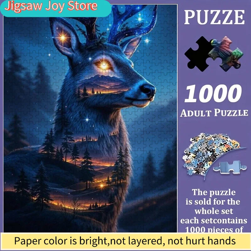 Rompecabezas grande adecuado para familias, con diseño de bosque de ciervos coloridos, que desafía la mente, y caja portátil para viajes.